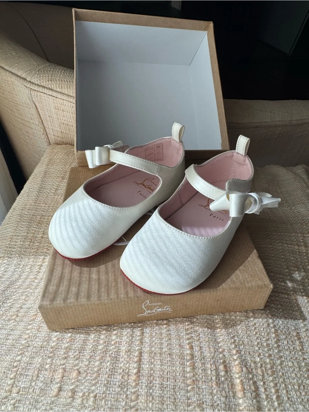 Christian Louboutin Ivory Satin Bow Ballet Flats with Red Sole